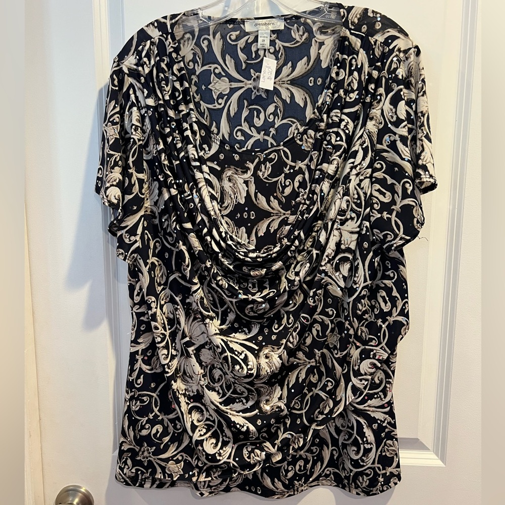 Dress Barn navy tan sparkle sequin blouse evening 2X
